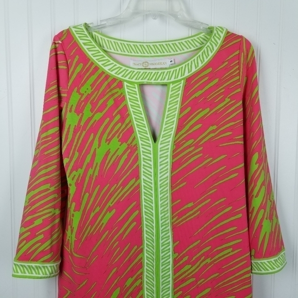 Tracy Negoshian Dress Keyhole Neckline Preppy Loose Retro Neon Print Cap Pocket - Picture 9 of 11